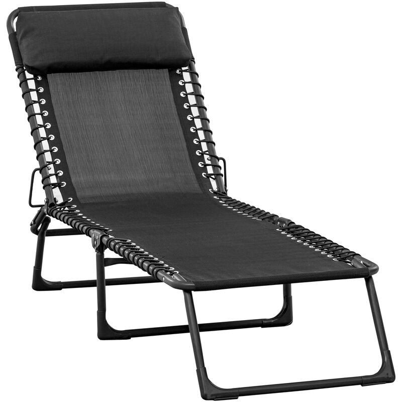 Bain de soleil transat pliable dossier inclinable multi-positions têtière fournie métal époxy textilène noir - Noir