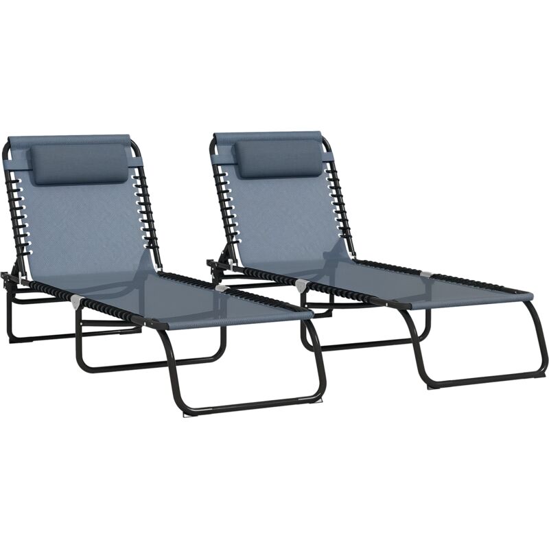 Lot de 2 bains de soleil transats pliables inclinables acier lacets élastiques noir textilène gris