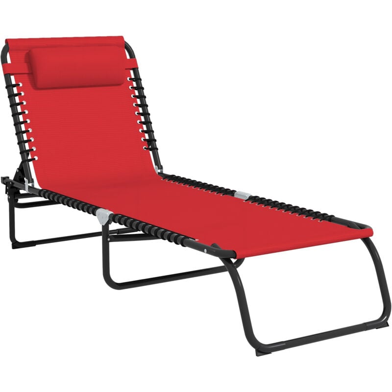 Bain de soleil transat pliable dossier inclinable multi-positions acier thermoplastique lacets élastiques noir textilène rouge