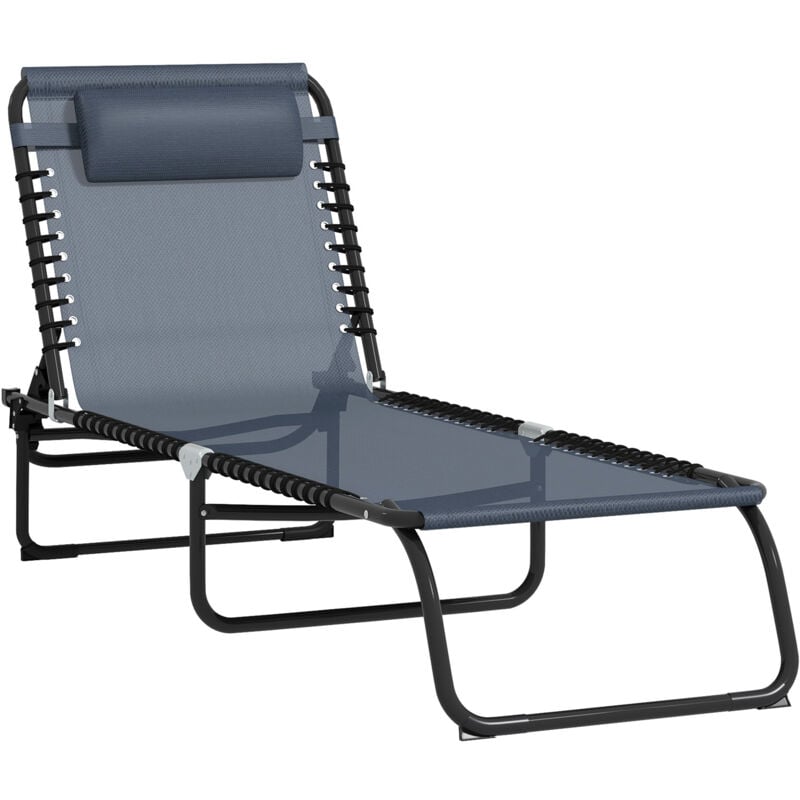 Bain de soleil transat pliable dossier inclinable multi-positions acier thermoplastique lacets élastiques noir textilène gris
