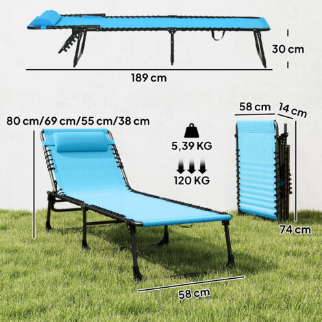 Transat pliable, housse respirante, structure en métal, 189 x 58 x 30 cm, bleu