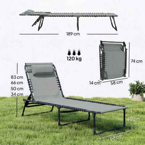 Transat pliable, housse respirante, structure en métal, 189 x 58 x 30 cm, gris clair