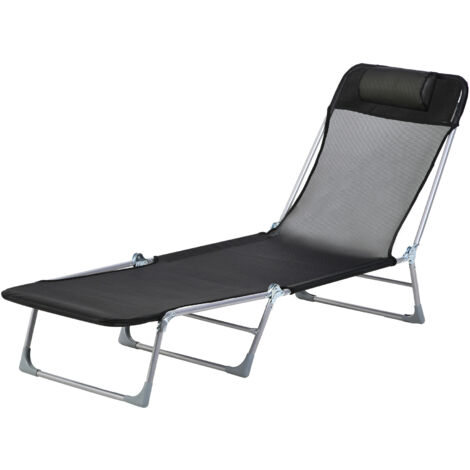 Transat pliable inclinable noir avec oreiller, dossier réglable 5 positions.