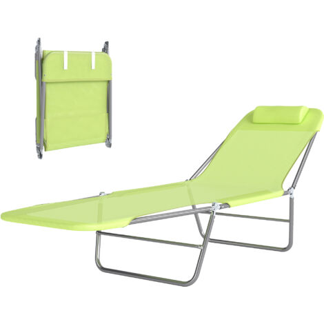 Transat pliable réglable chaise longue jardin avec coussin tête lit de camp 120kg Vert