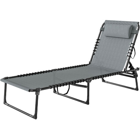 Transat Pliable Soleil avec Dossier Inclinable Multi-Positions, Armature Acier, Lacets Élastiques, Textilène Noir et Gris