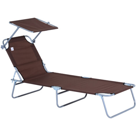 Transat pliant avec pare-soleil marron 187x58x36 cm, chaise longue jardin balcon extérieur relax gain de place