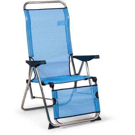 Transat pliant bleu en aluminium – Tissu textilène lavable – 5 positions réglables – Poids 3,05 kg – Support jusqu'à 100 kg – Solenny