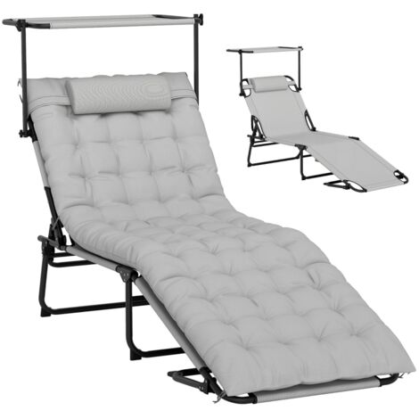 Transat pliant, chaise longue de jardin avec auvent et matelas, chaise longue avec dossier réglable en 4 positions, gris clair