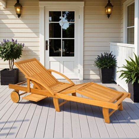 Transat pliant en bois, chaise longue de jardin avec table d'appoint, roulettes, chaise longue avec dossier réglable 4 positions, chaise de camping, chaise de jardin, charge maximale 160 kg, pour le j