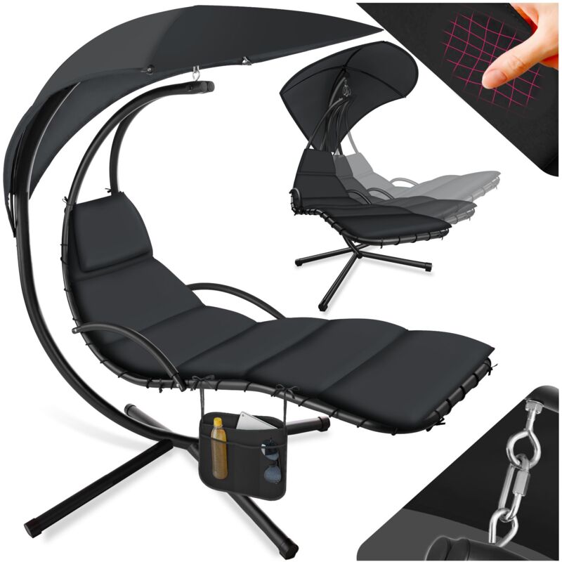 Fauteuil suspendu Elaria avec pare-soleil et poche latérale - chaise longue suspendue, fauteuil suspendu, fauteuil balançoire - noir