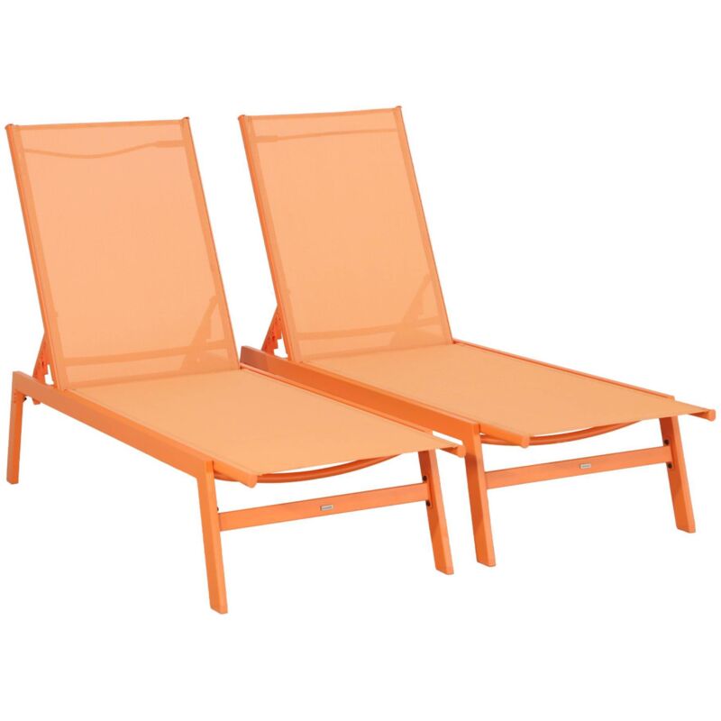 Lot de 2 transats. 5 positions. en textilène orange et métal L155 x P59 x H106cm