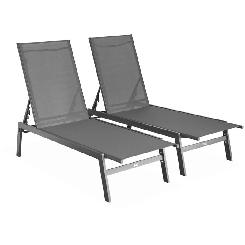 Lot de 2 transats anthracite. 5 positions. en textilène et métal. flora. L155 x P59 x H106cm