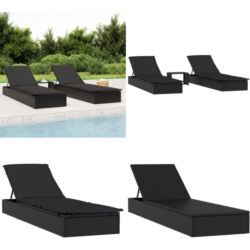 Transats 2 pcs avec table noir résine tressée - Chaise Longue - Transat - Salon De Jardin - Mobilier Extérieur - Jardin - Home & Living