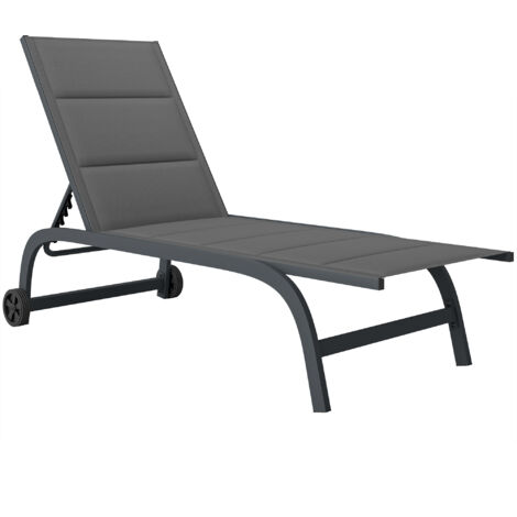 Transats en Aluminium Gris Foncé 62x165x94cm, Dossier Réglable 6 Positions, Roues Intégrées, Rembourrage Confortable, Lit de Soleil Pliable avec Coussin, Chaise Longue de Jardin Extérieur.