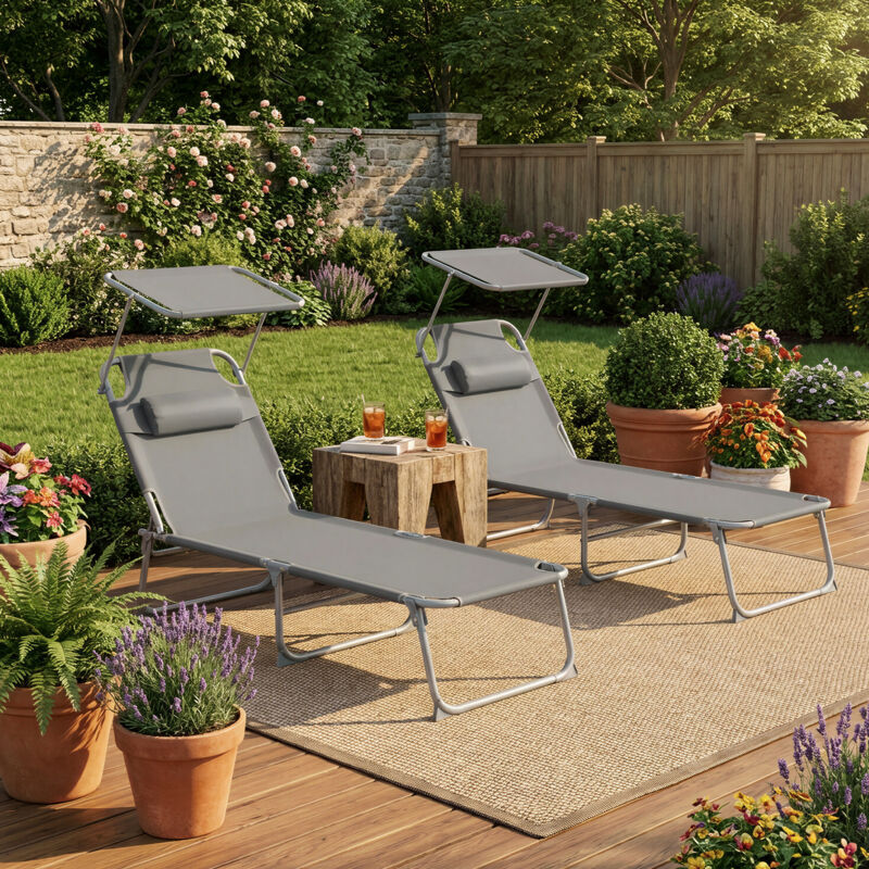 Transats Pliants Extérieur, Appui-Tête, Dossier et Pare-Soleil Réglables, pour Balcon, Terrasse, Lot de 2, Gris Transats Pliants Extérieur, Appui-Tête, Dossier et Pare-Soleil Réglables, pour Balcon, Terrasse, Lot de 2, Gris