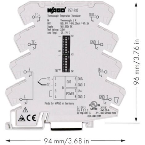 Transducteur de mesure pour thermocouples type J et K interrupteur DIP (L x l x H) 94 x 6 x 96 mm WAGO 857-810 D24401