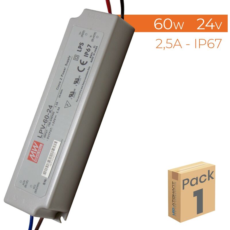 

Transformador Mean Well LPV 60W 24V 2,5A IP67 | Pack 1 Ud. - Pack 1 Ud.