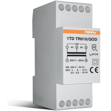 Transformador Perry 10VA salidas 4-8-12V 2 DIN 1TDTR010/QOD