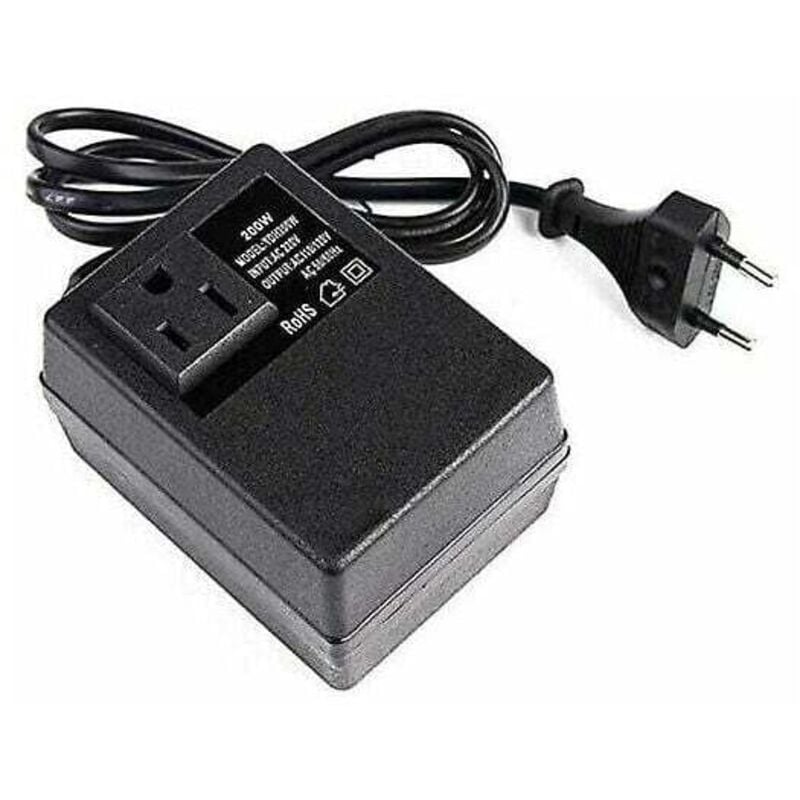 Trimec - Transformateur 220V à 110V, 200W, avec prise européenne, pour une tension réduite.