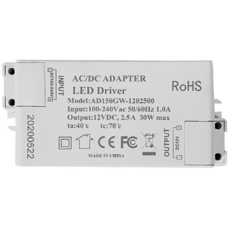 Transformateur à LED Alimentation à LED - 30W, 12V DC, 2.5A Tension constante pour les bandes lumineuses LED et ampoules à LED G4, MR11, MR16