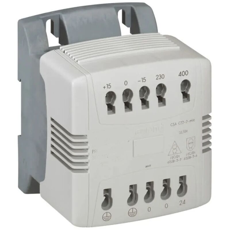 Transformateur commande et séparation circuits connexion automatique primaire 230V à 400V secondaire 230V 63VA Legrand 044252