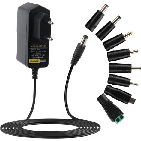 Transformateur d'alimentation 5 V 2 A avec 8 prises CC pour appareils électroniques 5 V tels que tablette, téléphone, hub USB, caméra de vidéosurveillance, alimentation fiable jusqu'à 2000 mA, compact