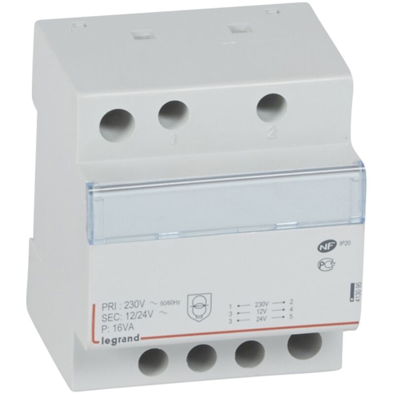Transformateur de sécurité 230V vers 12V ou 24V - 16VA - 4 modules - 413095 Legrand
