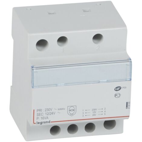 Transformateur de sécurité 230V vers 12V ou 24V - 16VA - 4 modules - 413095 - LEGRAND