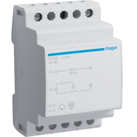 Transformateur de sonnerie 16VA 230V-8 à 12V HAGER ST305