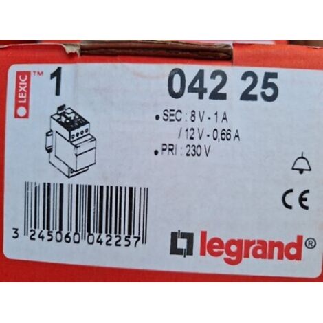TRANSFORMATEUR de SONNERIE Pr : 230V  Sec : 8V / 12V LEGRAND 04225 042 25