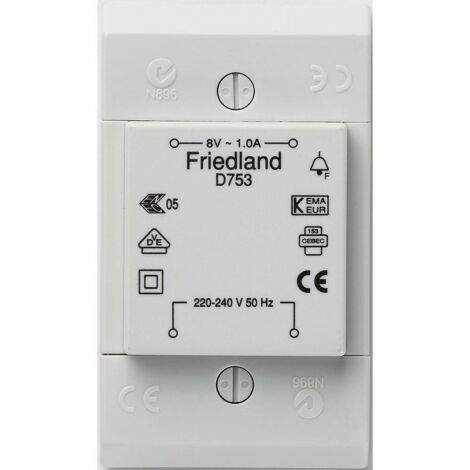 Transformateur de sonnette 8 V/AC 1 A – Montage en saillie – Alimentation 220-240 V – Dimensions 91x38x53 mm – Friedland