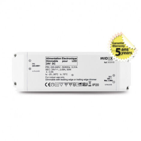 Transformateur Dimmable LED 50W 24 Volts DC Miidex Lighting®