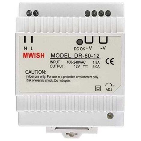 Transformateur DIN DR-60-12 60W pour Sonnette Vidéo 12V/5A, Alimentation 100-240V AC avec Certifications UL/CUL/TUV/CB/CE, Dimensions 93x78x56mm