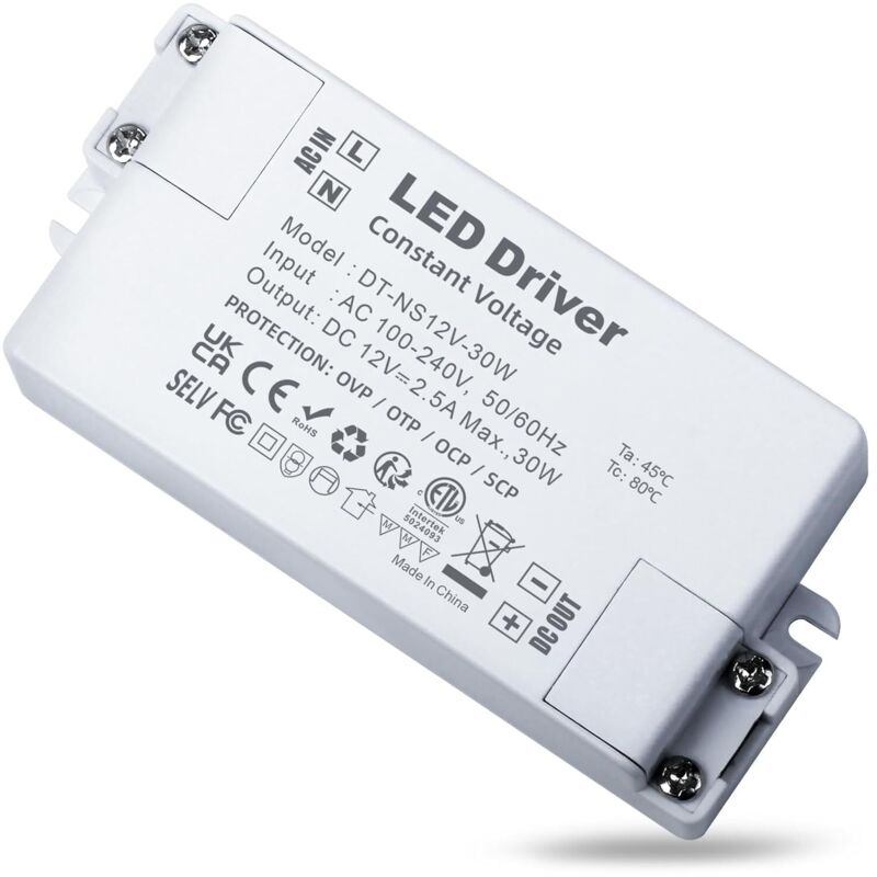Transformateur LED 12V 30W, 220V à 2.5A, Alimentation Basse Tension AC/DC, Driver de Tension Constante pour Bandes, Lampes et Projecteurs Enfoncés