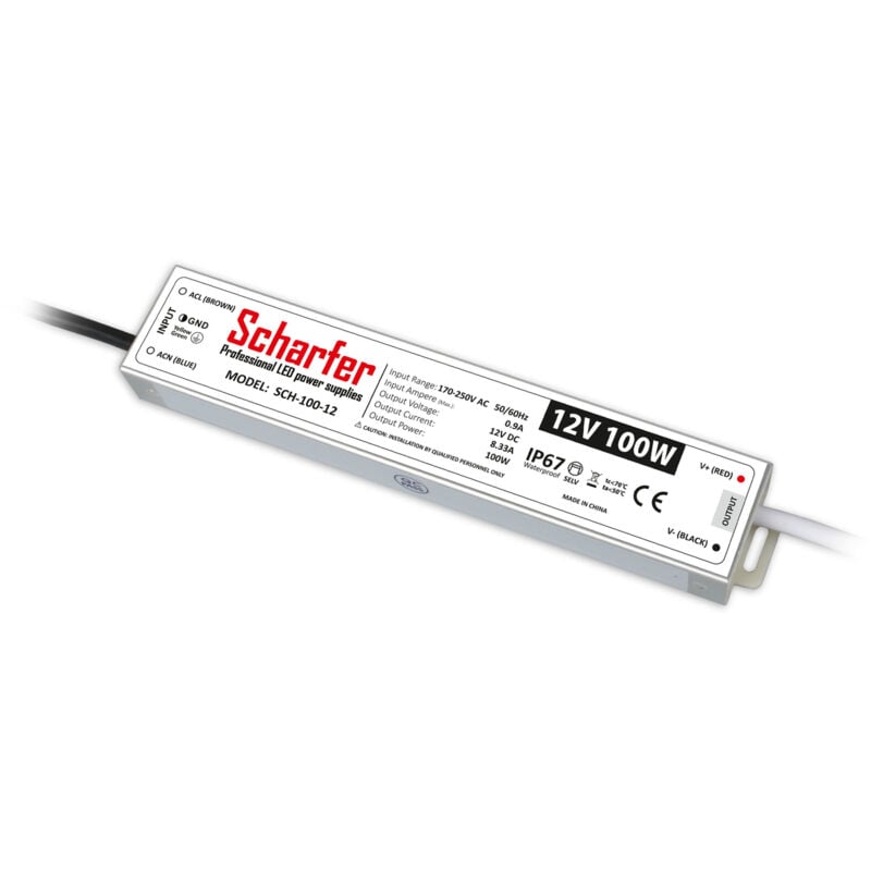 Transformateur led 220V 12V étanche 100W IP67 8.33A universel Scharfer SCH-100-12