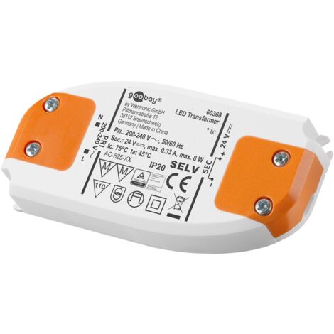Transformateur LED 24 V (DC), 8 W, pour LEDs jusqu'à 8 W de charge totale et tension continue de 24 V (DC).