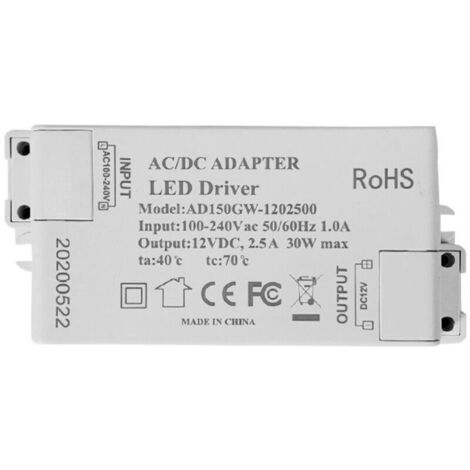 Transformateur LED, 30 W, 12 V CC, tension constante, convient aux rubans et ampoules LED.