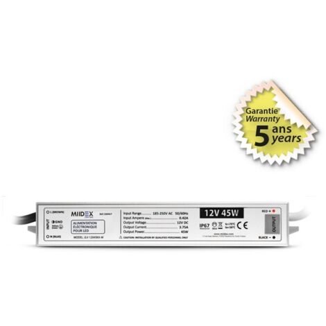 Transformateur LED 45W 12 Volts DC IP67 Miidex Lighting®