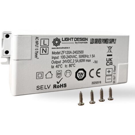 Transformateur LED 60W – Entrée 230V AC / Sortie 24V DC Boîtier En Plastique – Câbles Non Fournis
