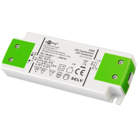 Transformateur LED à Courant Constant 350 mA, 20 W, pour LEDs avec 350 mA de courant constant jusqu'à 20 W de charge totale dans la plage de tension 34-57 V (DC).