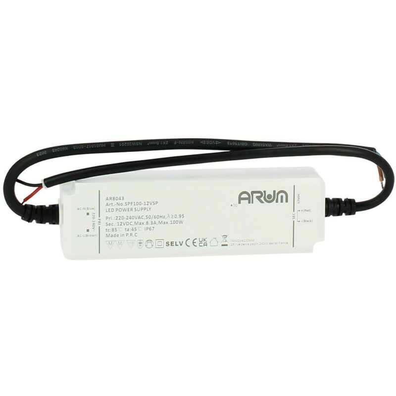 Transformateur led IP67 selv 100W 220V 12V/DC 8,3A Etanche