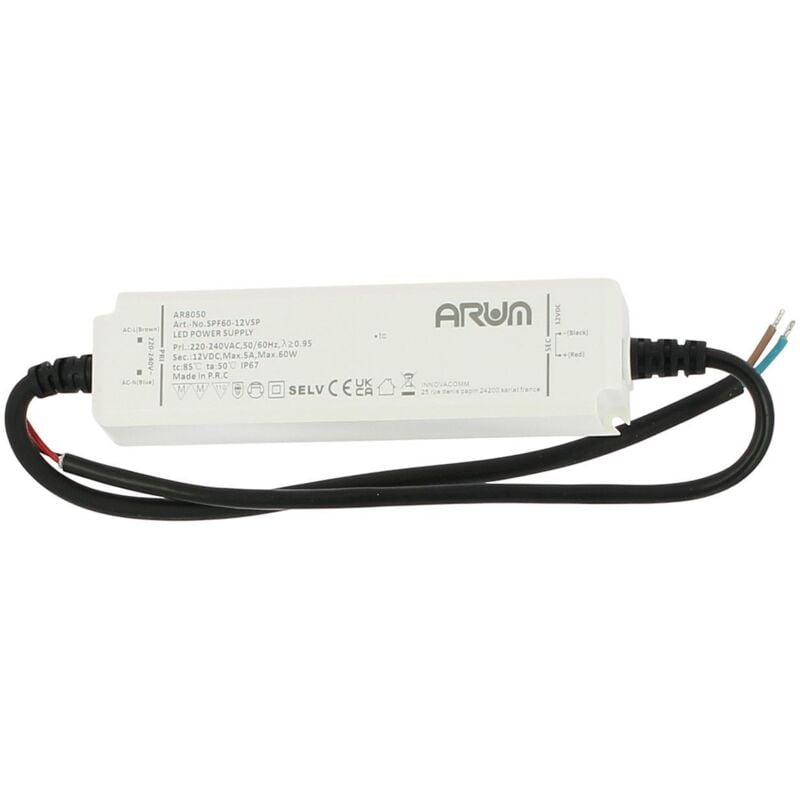 Transformateur LED IP67 SELV 60W 220V 12V/DC 5A Etanche