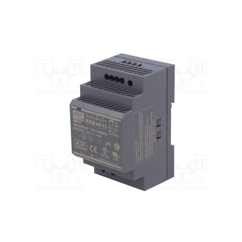 Transformateur led pour rail din 220V 60W 12V 4.5A meanwell HDR-60-12