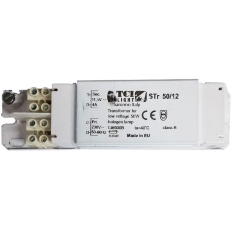 Transformateur pour tableau électrique 50VA 230/12V – Protection classe I – Bornes d'entrée/sortie sur même côté – Fixation par vis – Tci Led