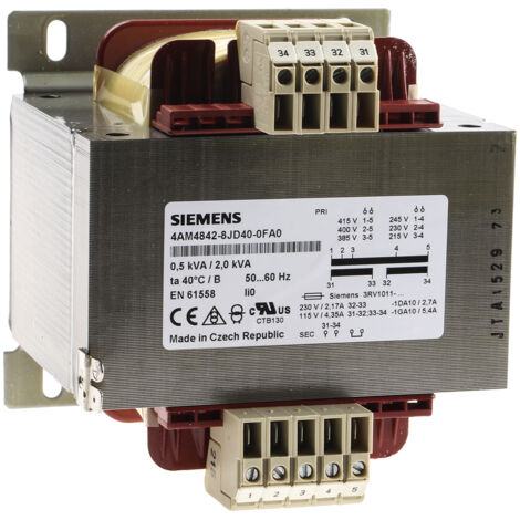 Transformateur rail DIN Siemens, Vin 230 V ac, 400V c.a., Vout 2 x 115V, 0.5kVA, 2 sorties ( Prix pour 1 )