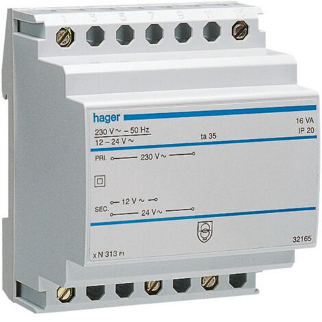 Transformateur sécurité 16VA 230V-12 à 24V HAGER ST313
