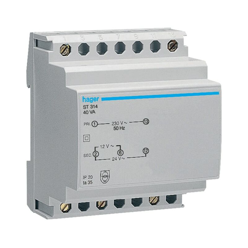 Hager - Transformateur modulaire 40VA 230V 12V 24V 4 Modules ST314