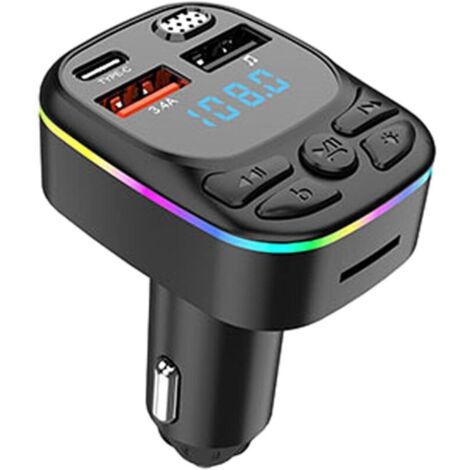 Transmetteur Chargeur de Voiture 3A - Émetteur de Voiture LED 5.0 Musique d'autoradio 5.0 Émetteur récepteur de Voiture Angle réglable à 180°, Chargeur de Charge Rapide, lumière colorée