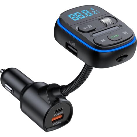 Transmetteur FM Auto Bluetooth, Récepteur d'autoradio Bluetooth 5.0 sans Fil avec Basses, lumière 7 Couleurs, Charge Rapide QC3.0 PD 30W, Siri Google Assistant, Appel Mains Libres, Lecteur Mp3.