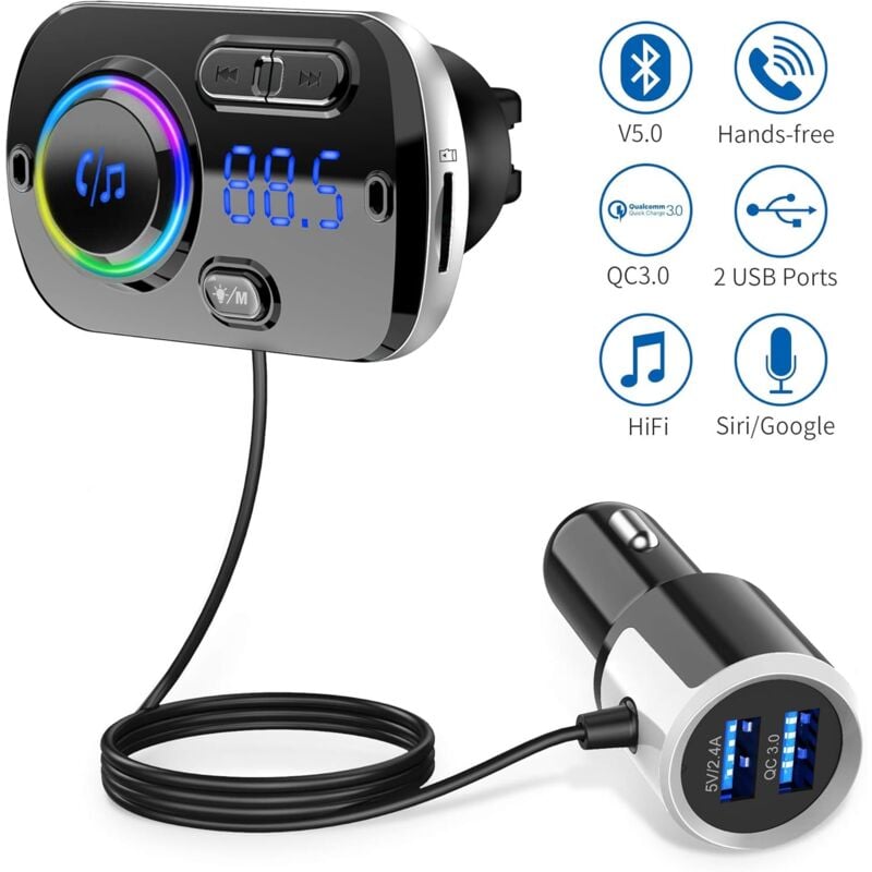 Ikodm - Transmetteur fm Bluetooth 5.0 Adaptateur Radio sans Fil Kit de Voiture Mains Libres, QC3.0 et 5V/2.4A Chargeur Rapid Voiture 2 Ports usb